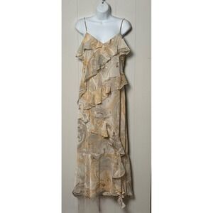 Blu Pepper Women's Marble Print Ruffle Midi Dress Tan Cream V-Neck Size M